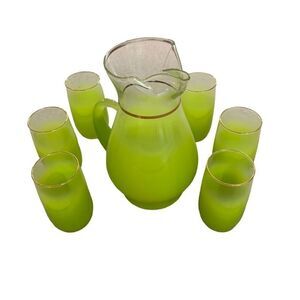 Vintage MCM Kitchen Blendo Lime Green Pitcher 6 Glass Set